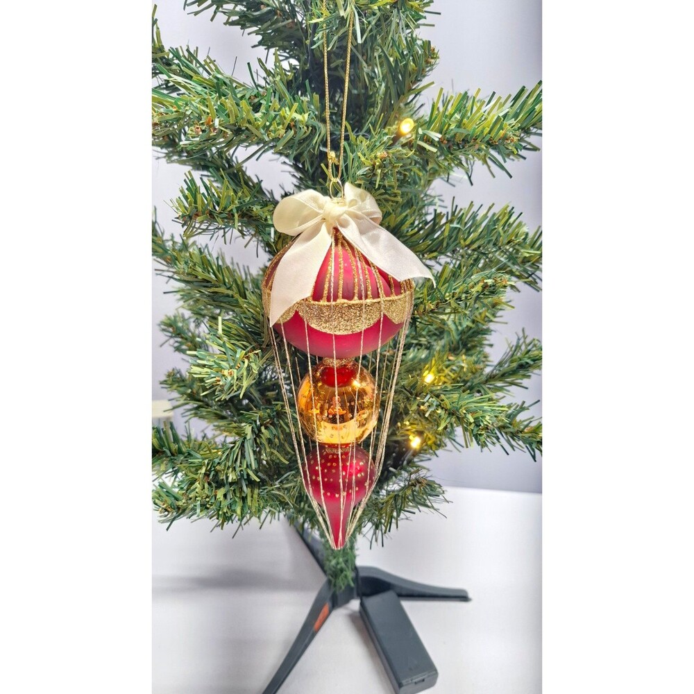 Vtg 7.5" Hand Blown Glass Finial Christmas Ornament Poland Crown Cap Red Gold